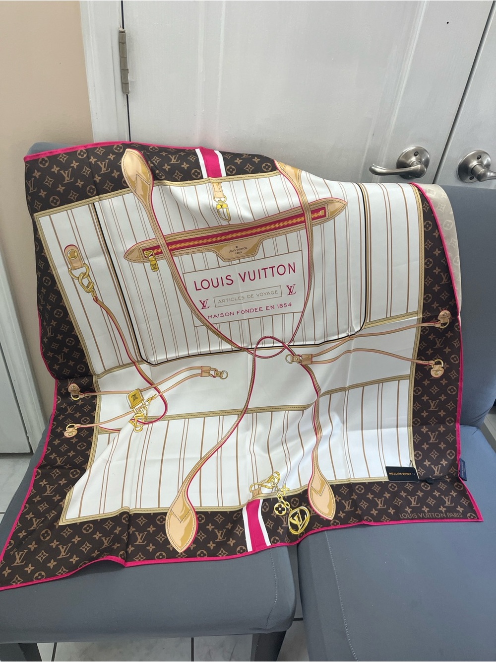 Louis Vuitton Brown, White & Pink Monogram Travel Tote Print Silk Scarf